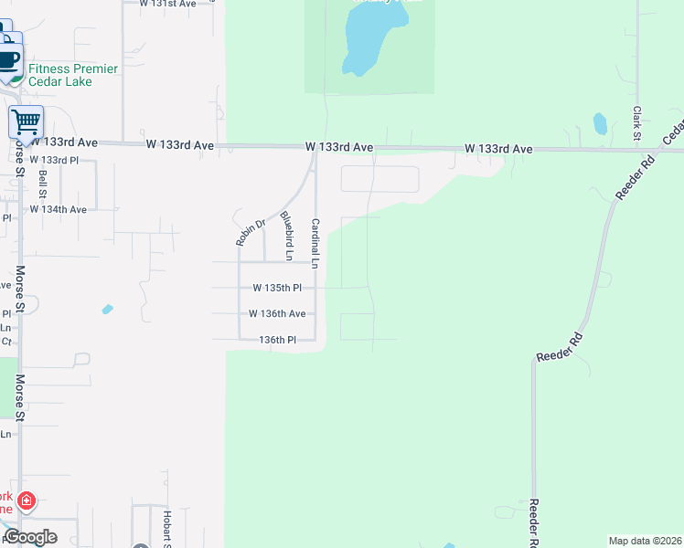map of restaurants, bars, coffee shops, grocery stores, and more near 13459 Cardinal Lane in Cedar Lake