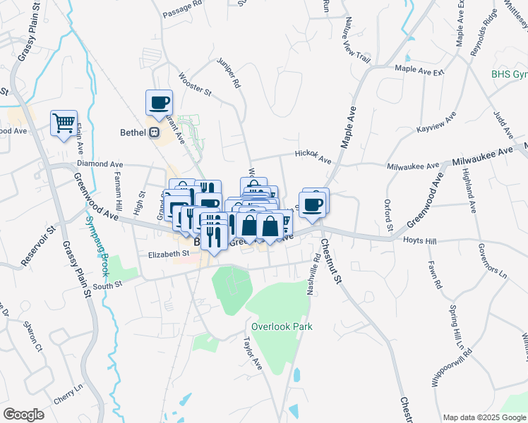 map of restaurants, bars, coffee shops, grocery stores, and more near 14 Wooster Street in Bethel