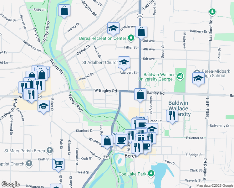 map of restaurants, bars, coffee shops, grocery stores, and more near 289 Berea Street in Berea