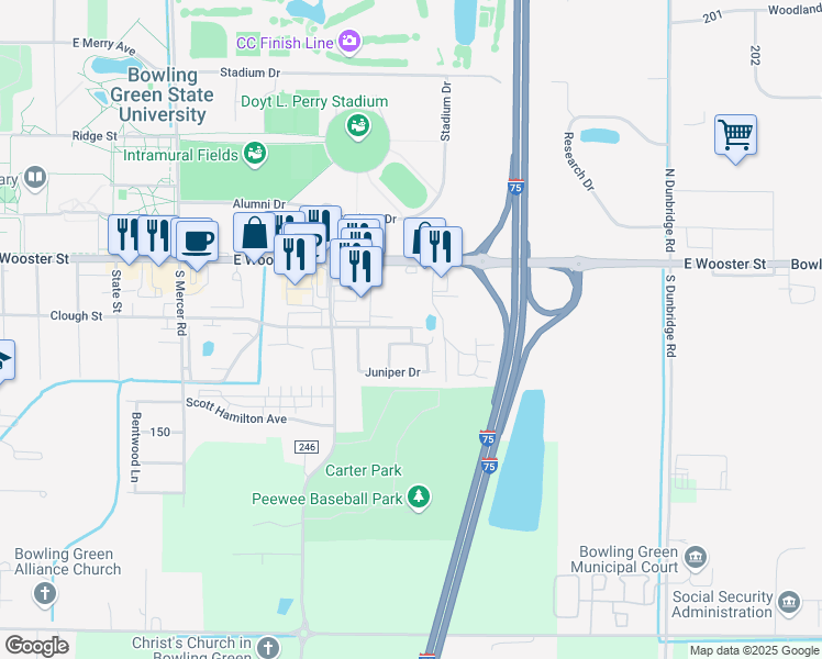 map of restaurants, bars, coffee shops, grocery stores, and more near 1644-1724 Clough St in Bowling Green