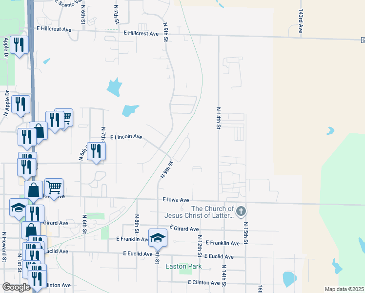map of restaurants, bars, coffee shops, grocery stores, and more near 1308 North 9th Street in Indianola