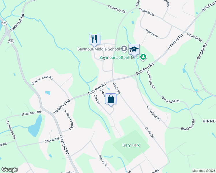 map of restaurants, bars, coffee shops, grocery stores, and more near 121 Botsford Road in Seymour