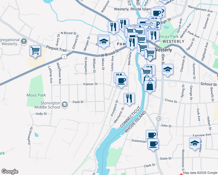 map of restaurants, bars, coffee shops, grocery stores, and more near 26 Palmer Street in Stonington
