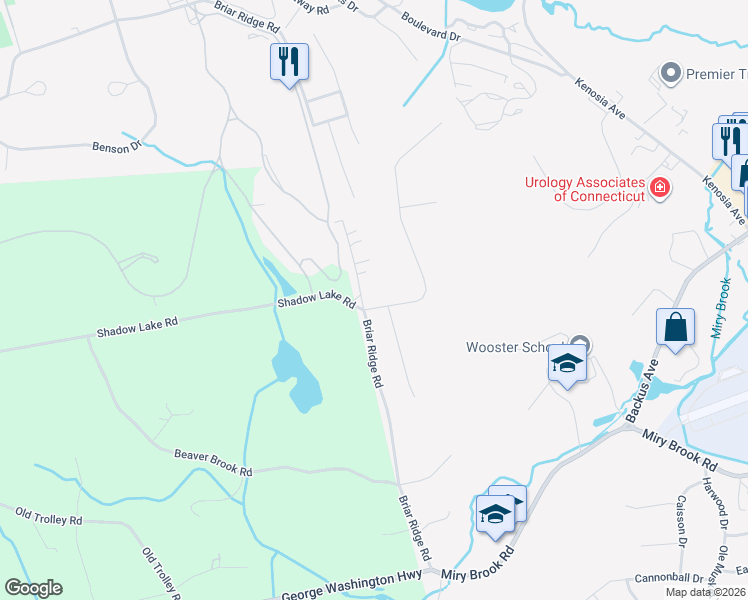 map of restaurants, bars, coffee shops, grocery stores, and more near 2 Briar Ridge Road in Danbury