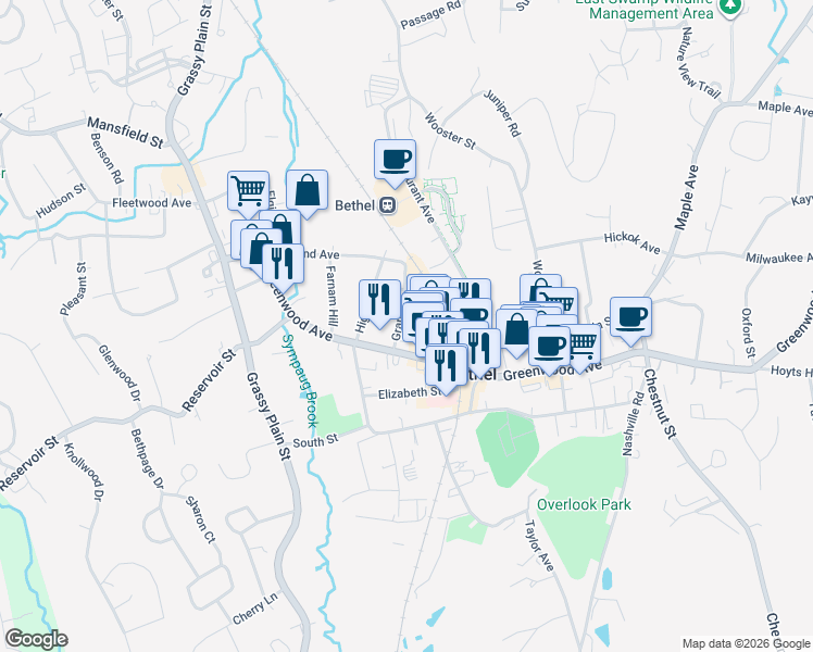 map of restaurants, bars, coffee shops, grocery stores, and more near 7 Grand Street in Bethel