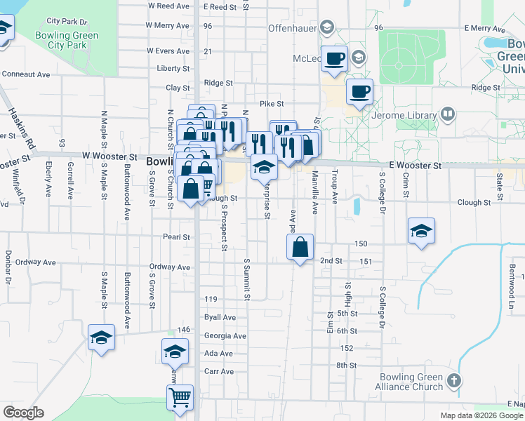 map of restaurants, bars, coffee shops, grocery stores, and more near 203 South Enterprise Street in Bowling Green