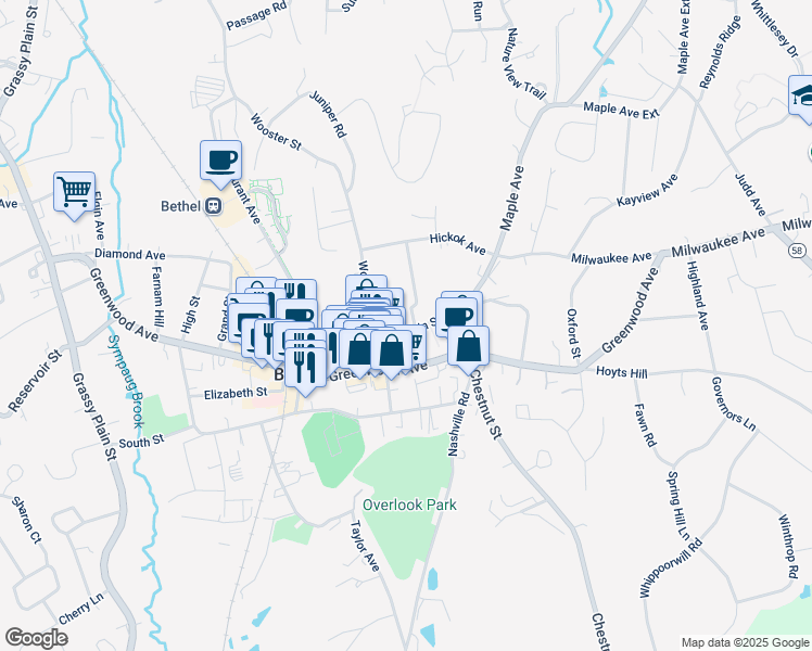 map of restaurants, bars, coffee shops, grocery stores, and more near 16 Main Street in Bethel
