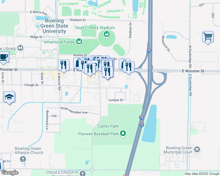 map of restaurants, bars, coffee shops, grocery stores, and more near 1644 Clough Street in Bowling Green