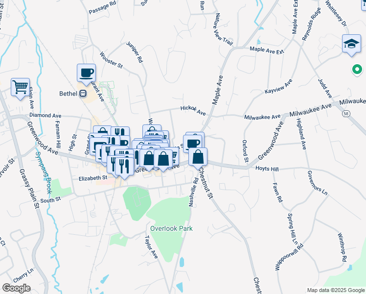 map of restaurants, bars, coffee shops, grocery stores, and more near 40 Main Street in Bethel