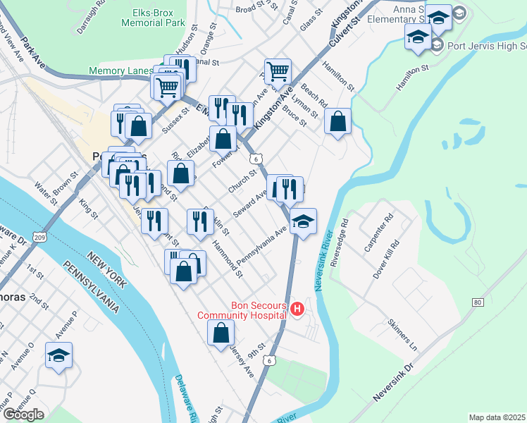 map of restaurants, bars, coffee shops, grocery stores, and more near 91 East Main Street in Port Jervis