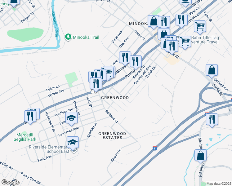 map of restaurants, bars, coffee shops, grocery stores, and more near 615 Cotter Street in Moosic