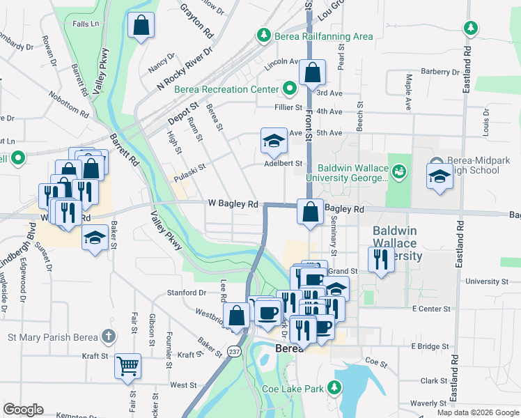 map of restaurants, bars, coffee shops, grocery stores, and more near 289 Berea Street in Berea