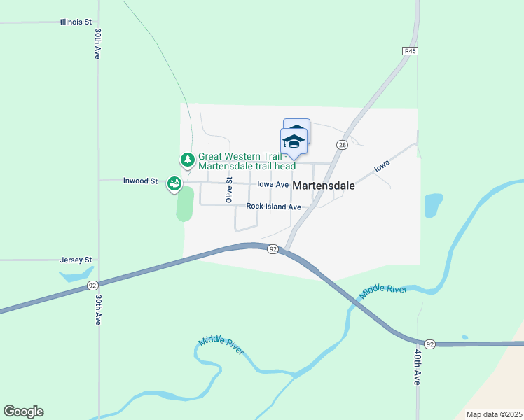 map of restaurants, bars, coffee shops, grocery stores, and more near 536 Rock Island Avenue in Martensdale