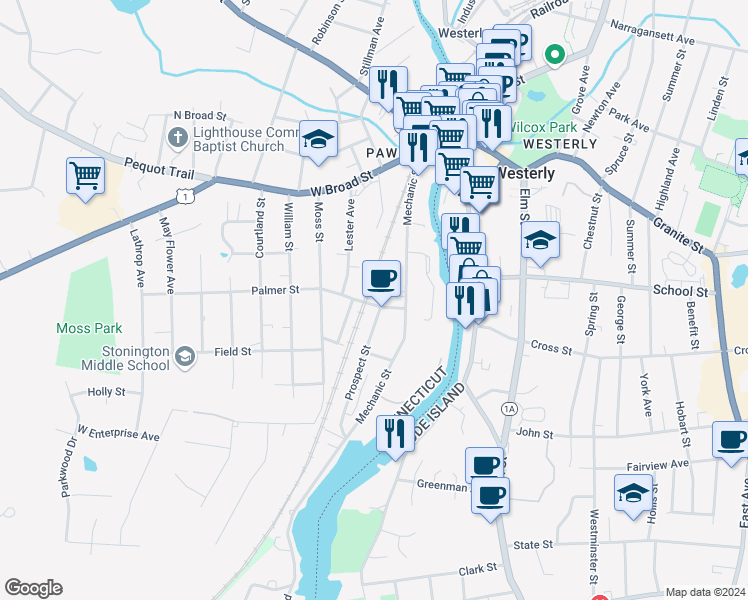 map of restaurants, bars, coffee shops, grocery stores, and more near 5 James Street in Stonington