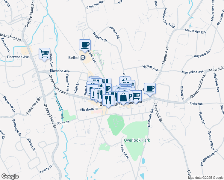map of restaurants, bars, coffee shops, grocery stores, and more near 1 School Street in Bethel