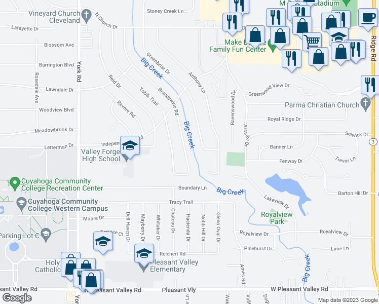 map of restaurants, bars, coffee shops, grocery stores, and more near 7037 Brandywine Road in Cleveland
