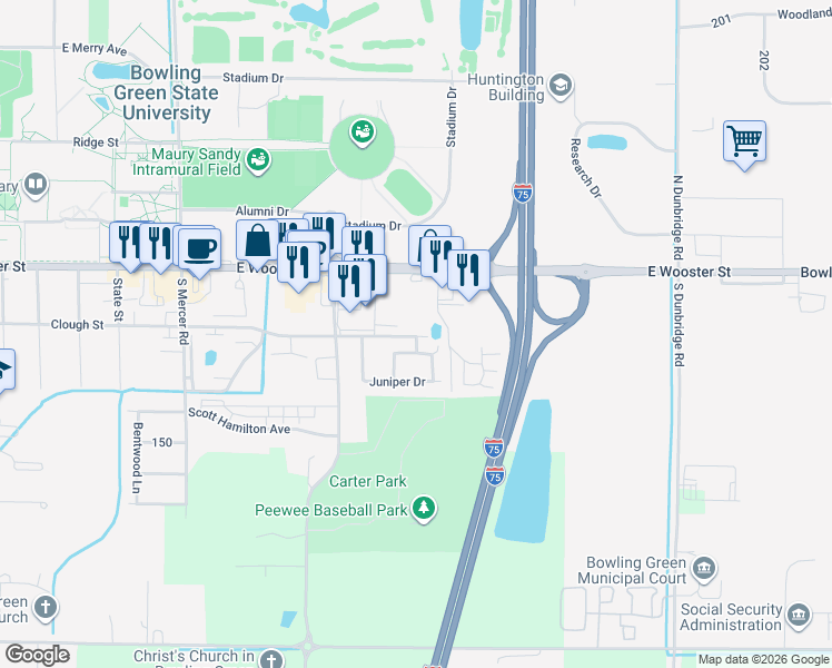 map of restaurants, bars, coffee shops, grocery stores, and more near 1644-1724 Clough St in Bowling Green