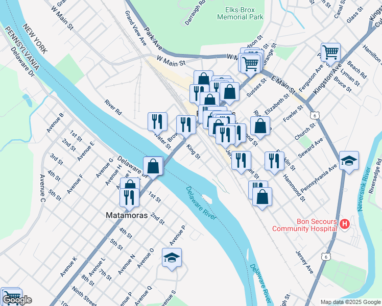 map of restaurants, bars, coffee shops, grocery stores, and more near 47 King Street in Port Jervis