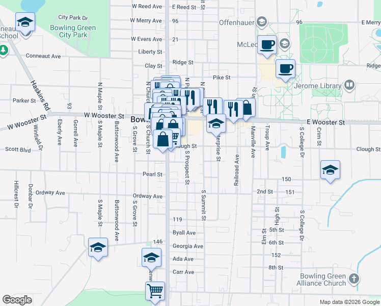 map of restaurants, bars, coffee shops, grocery stores, and more near 212 Clough Street in Bowling Green