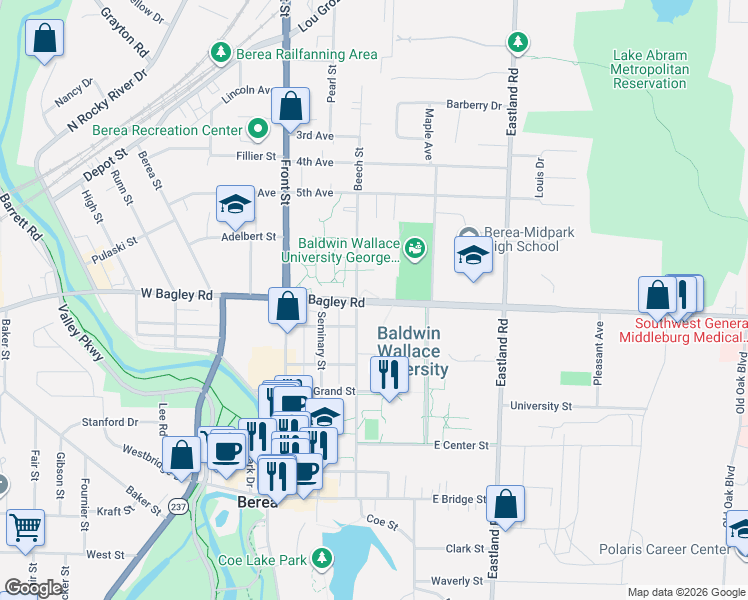 map of restaurants, bars, coffee shops, grocery stores, and more near 95 East Bagley Road in Berea