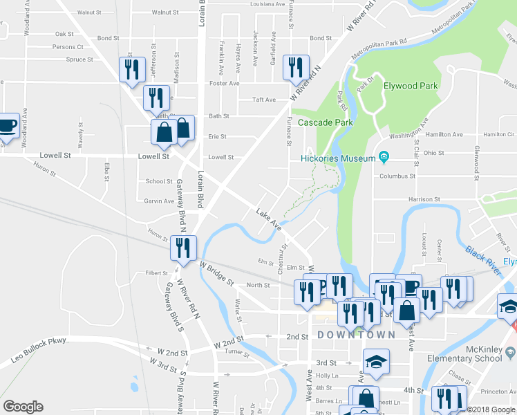 map of restaurants, bars, coffee shops, grocery stores, and more near 215 Lake Avenue in Elyria