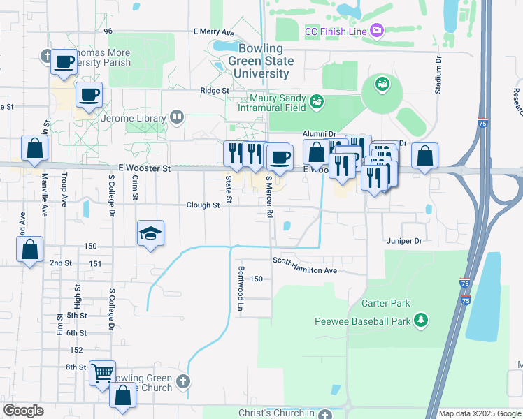 map of restaurants, bars, coffee shops, grocery stores, and more near 1490 Clough Street in Bowling Green