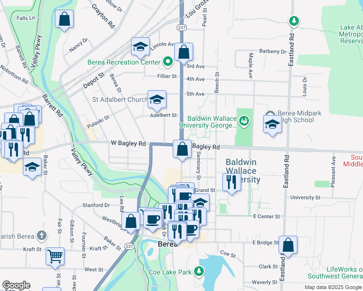 map of restaurants, bars, coffee shops, grocery stores, and more near Front St & E Bagley Rd in Berea