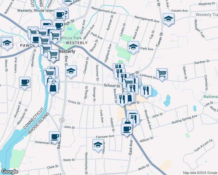 map of restaurants, bars, coffee shops, grocery stores, and more near 60 School Street in Westerly