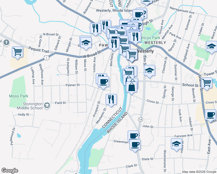 map of restaurants, bars, coffee shops, grocery stores, and more near 82 Mechanic Street in Stonington