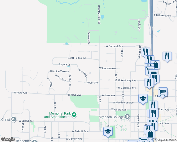 map of restaurants, bars, coffee shops, grocery stores, and more near 906 Angela Drive in Indianola