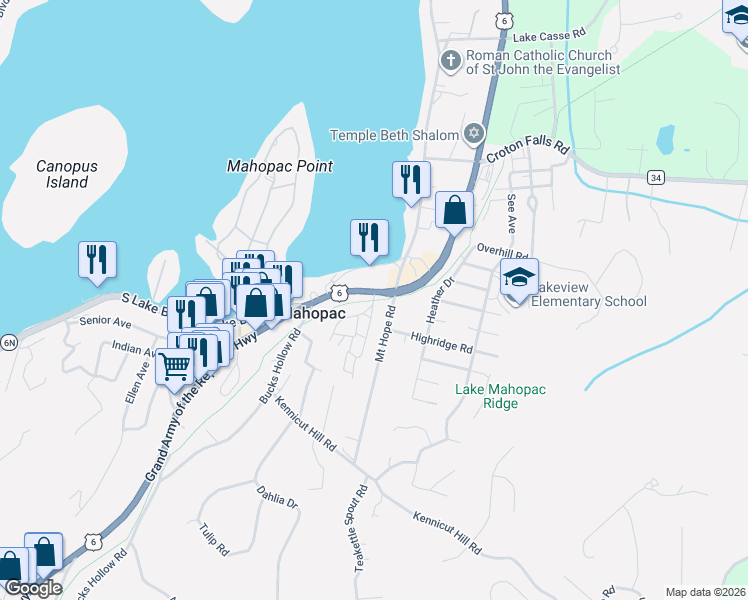 map of restaurants, bars, coffee shops, grocery stores, and more near 675 U.S. 6 in Mahopac