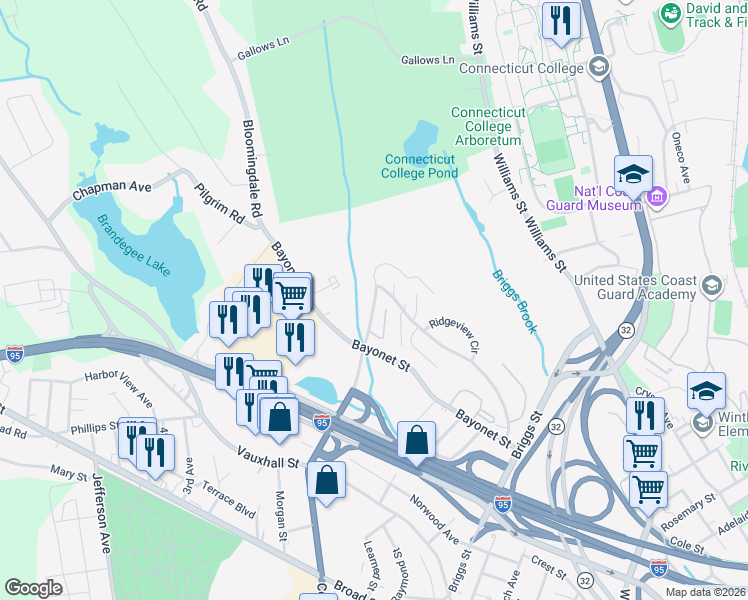 map of restaurants, bars, coffee shops, grocery stores, and more near 45 Hawthorne Drive North in New London