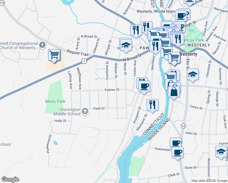 map of restaurants, bars, coffee shops, grocery stores, and more near 51 Palmer Street in Stonington