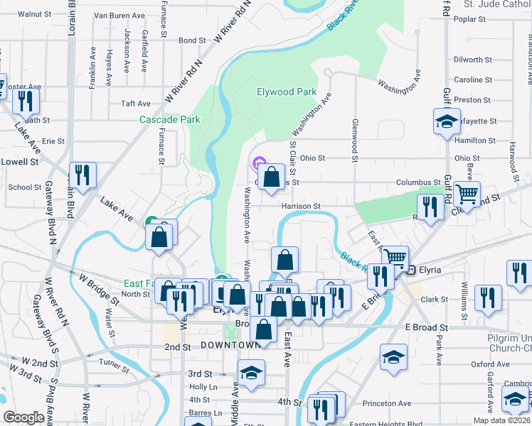 map of restaurants, bars, coffee shops, grocery stores, and more near 121 Harrison Street in Elyria