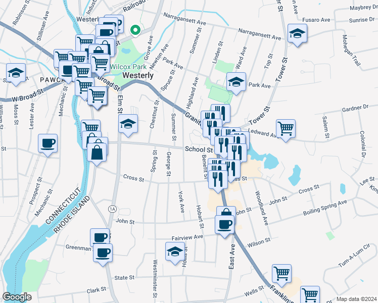map of restaurants, bars, coffee shops, grocery stores, and more near 59 School Street in Westerly