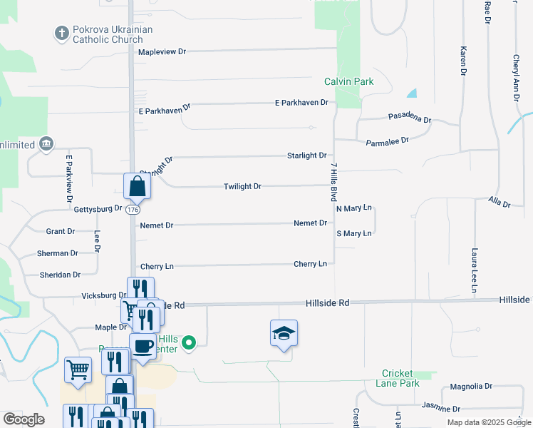 map of restaurants, bars, coffee shops, grocery stores, and more near 1293 Nemet Drive in Seven Hills