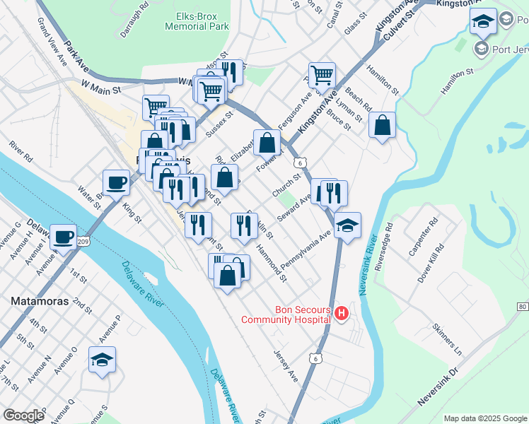 map of restaurants, bars, coffee shops, grocery stores, and more near 19 Barcelow Street in Port Jervis