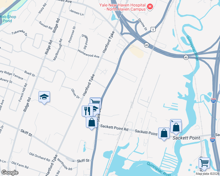 map of restaurants, bars, coffee shops, grocery stores, and more near 303 U.S. 5 in North Haven