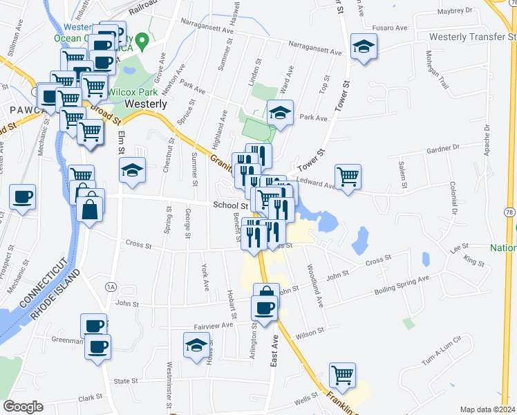 map of restaurants, bars, coffee shops, grocery stores, and more near 114 Granite Street in Westerly