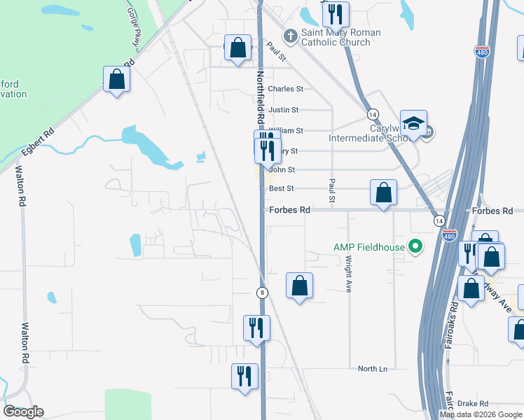 map of restaurants, bars, coffee shops, grocery stores, and more near Northfield Road & Forbes Road in Bedford