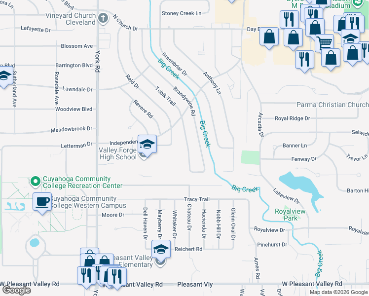 map of restaurants, bars, coffee shops, grocery stores, and more near 7015 Tobik Trail in Cleveland