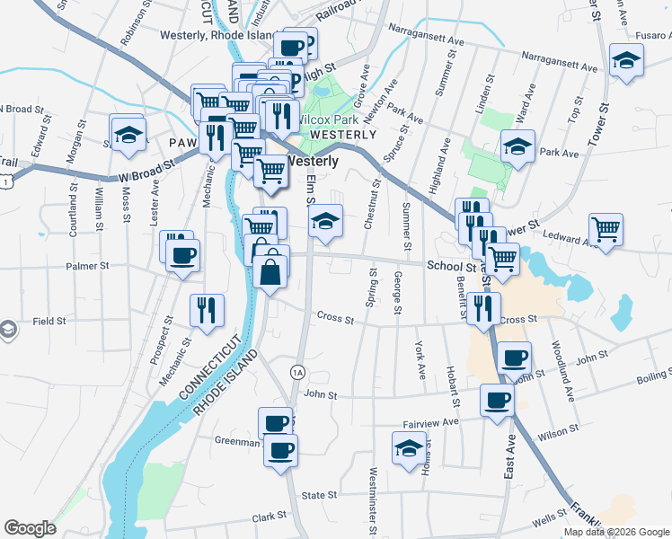 map of restaurants, bars, coffee shops, grocery stores, and more near 25 School Street in Westerly