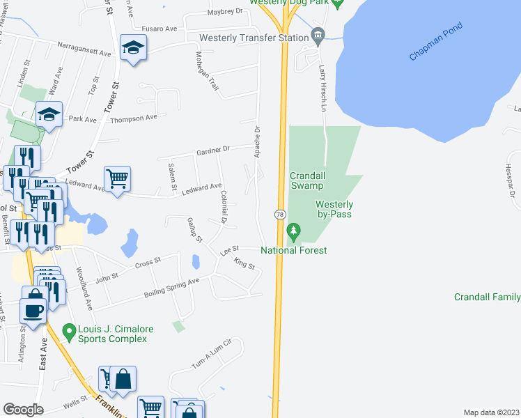 map of restaurants, bars, coffee shops, grocery stores, and more near 12 Apache Drive in Westerly