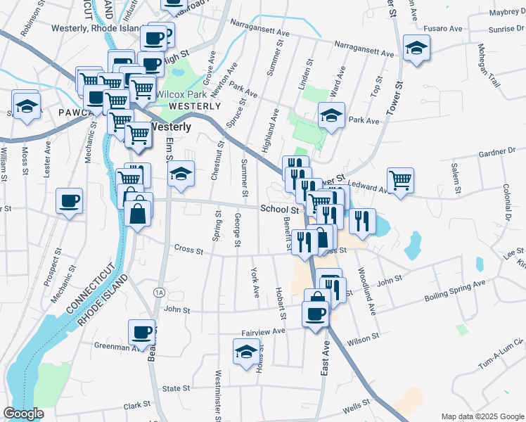 map of restaurants, bars, coffee shops, grocery stores, and more near 60 School Street in Westerly