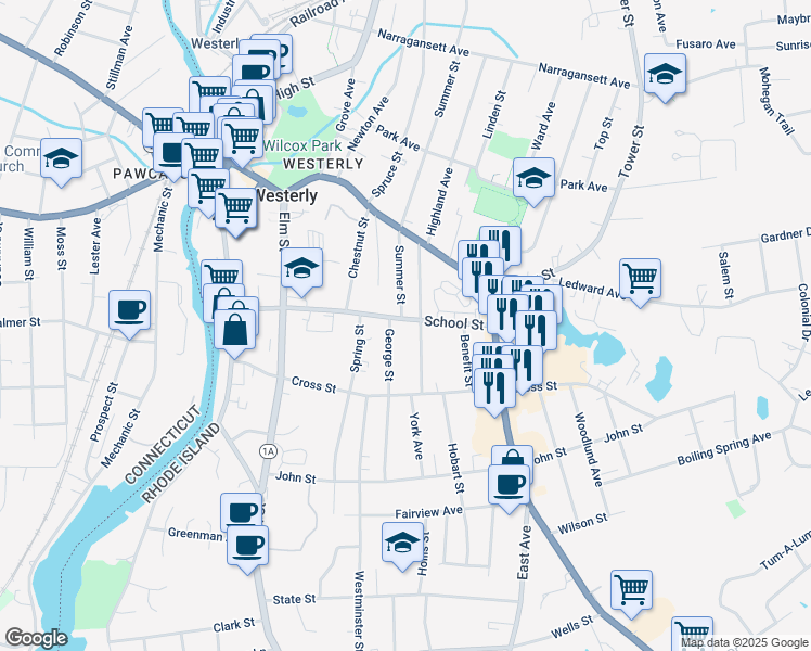 map of restaurants, bars, coffee shops, grocery stores, and more near 47 School Street in Westerly