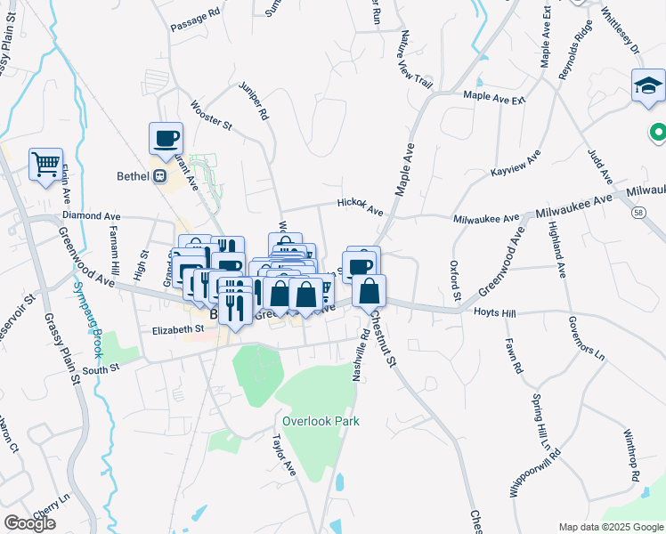 map of restaurants, bars, coffee shops, grocery stores, and more near 4 Golden Hill Street in Bethel