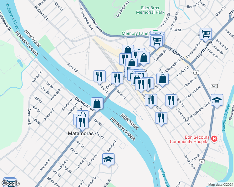 map of restaurants, bars, coffee shops, grocery stores, and more near 17 Pike Street in Port Jervis