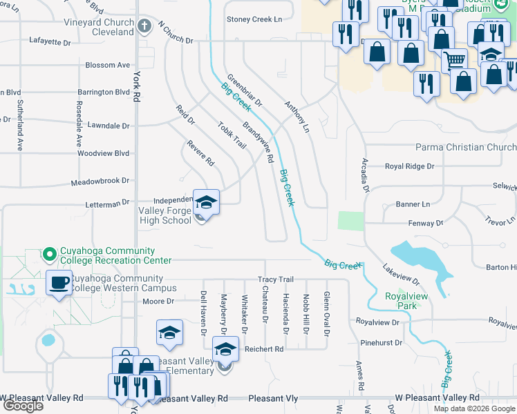map of restaurants, bars, coffee shops, grocery stores, and more near 7015 Tobik Trail in Cleveland