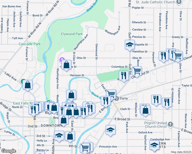 map of restaurants, bars, coffee shops, grocery stores, and more near 109 Glenwood Street in Elyria
