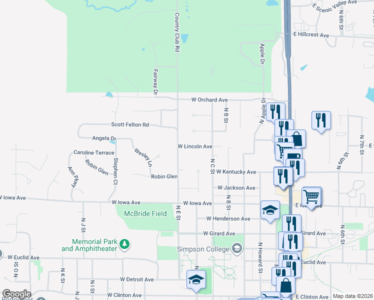 map of restaurants, bars, coffee shops, grocery stores, and more near 503 West Lincoln Avenue in Indianola